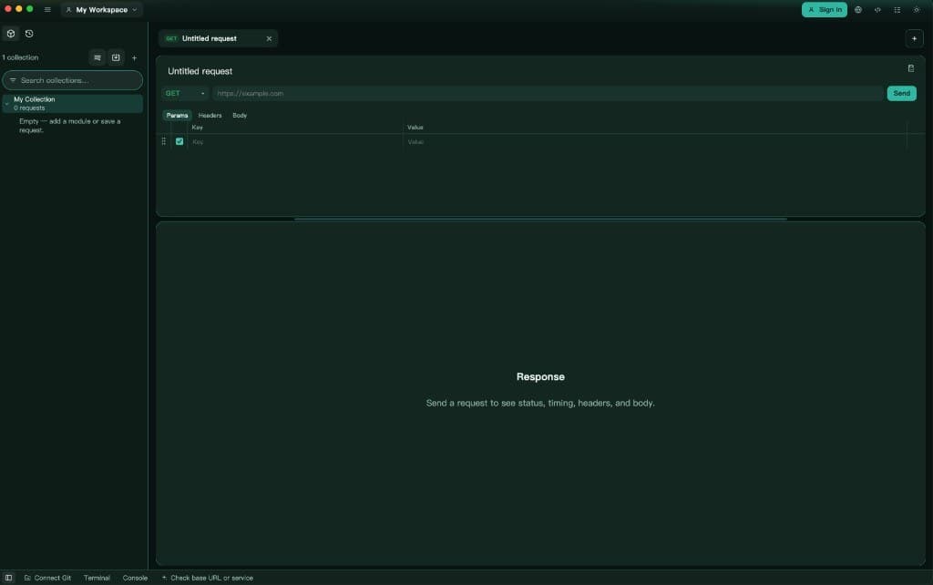 mys Chapar in dark mode with collections, a GET request, and the response pane