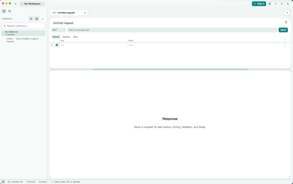 mys Chapar workspace — GET request, collections sidebar, and empty response pane