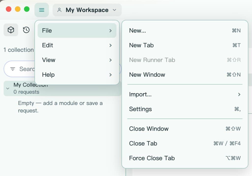 File menu in mys Chapar on macOS with New Tab and Settings shortcuts