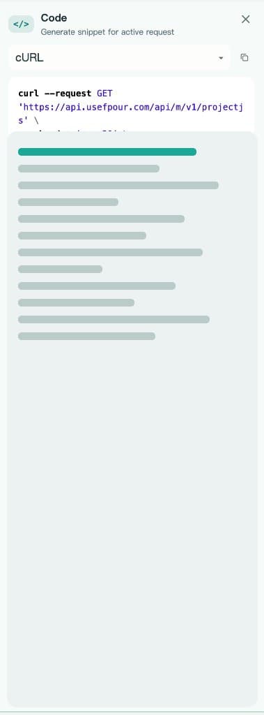 Code panel generating a cURL snippet for the active request