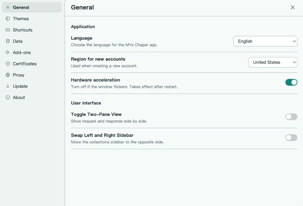 General settings in mys Chapar including language, region, and layout toggles