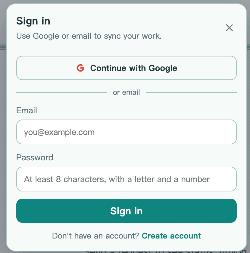 Sign in dialog with Continue with Google and email fields